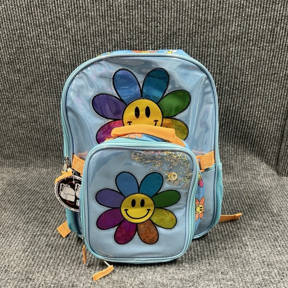 Smiling Daisy Girls Backpack Lunch‎ Box Bag School Travel Bag 16x12 Blue Zippers